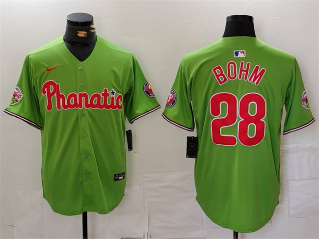 Men's Philadelphia Phillies #28 Alec Bohm Green With Patch Stitched Jersey